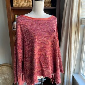 Free People Red and Pink Crew Neck Sweater with Asymmetrical Hem